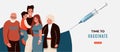 Family vaccine concept vector banner background. Time to vaccinate text. Household with elderly and child hugging each