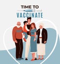 Family vaccine, safety concept vector poster background. Time to vaccinate text. Household with elderly and child Royalty Free Stock Photo