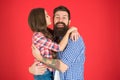 Family values concept. Family bonds. Friendly relations. Father hipster and his daughter. Sweet hug. Man bearded father Royalty Free Stock Photo