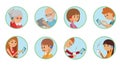 Family vector illustration flat style people faces online social media communications. Man woman parents grandparents with tablet Royalty Free Stock Photo