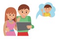 Family vector illustration flat style social media communications. Man woman couple parents make video call with tablet with son.