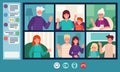 Family video chat. Parents, grandparents and children web chatting. Online video call. Elderly people internet conversation vector Royalty Free Stock Photo