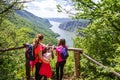 Family at viewpoint, beautiful nature landscape, amazing view on gorge Danube river Royalty Free Stock Photo