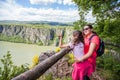 Family at viewpoint, beautiful nature landscape, amazing view on gorge Danube river Royalty Free Stock Photo