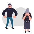 Family violence and aggression concept. Aggressive man scream at a scared elderly woman. Senior female crying covering her face. Royalty Free Stock Photo