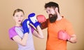 Family violence. Man and woman in boxing gloves. Boxing sport concept. Couple girl and hipster practicing boxing. Sport Royalty Free Stock Photo