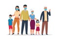 Family virus. Cartoon old and young characters wearing medical respirator masks for coronavirus and infection. Vector Royalty Free Stock Photo