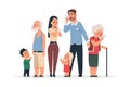 Family with virus. Coronavirus disease symptoms and prevention, cartoon young and old characters coughing and sneezing