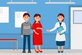 Family visiting doctor in clinic. Couple expecting baby, pregnant woman with her husband in medical clinic cartoon Royalty Free Stock Photo