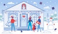 Family Visits Friends on Christmas Holiday. Man Cartoon Character Welcomes Guests - Family with Child Daughter on winter Landscape