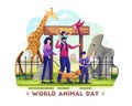 The Family visits the zoo to celebrate world animal day. animal shelter, a wildlife sanctuary. Flat Vector Illustration