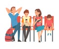 Family Waiting at Airport Terminal for Flight, Father, Mother and Their Two Sons Sitting on Chairs at Waiting Room