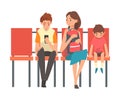 Family Waiting at Airport Terminal for Flight, Mother with Two Sons Sitting on Chairs at Waiting Room Vector Royalty Free Stock Photo