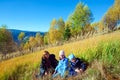 Family walk on autumn mountain Nimchich pass Royalty Free Stock Photo