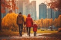 A family walk autumn in the park through a forest. Generative AI. Royalty Free Stock Photo