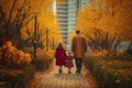 A family walk autumn in the park through a forest. Generative AI. Royalty Free Stock Photo