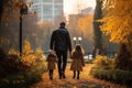 A family walk autumn in the park through a forest. Generative AI. Royalty Free Stock Photo