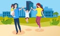 Family walk on background of modern city. Father holds daughter in his arms, son plays with mother Royalty Free Stock Photo