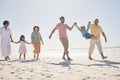 Family walk beach, freedom and travel, generations and happy people, grandparents with parents and kids. Adventure Royalty Free Stock Photo