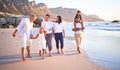 Family walk, beach travel and children walking by sea on holiday in Maldives with happy grandparents and parents Royalty Free Stock Photo