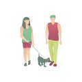 Family on a walk with a puppy, flat vector illustration