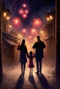 A family on a walk watching a fireworks show in the night sky rear view. Chinese New Year celebrations Royalty Free Stock Photo