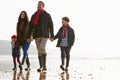 Family Walking Along Winter Beach Royalty Free Stock Photo