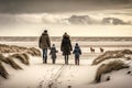 Family walking along in winter beach Royalty Free Stock Photo