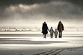 Family walking along in winter beach Royalty Free Stock Photo