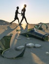 Family walking on beach near litter 3d render Royalty Free Stock Photo