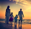 Family Walking Beach Sunset Travel Holiday Concept