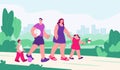 Family walking in city park. People on weekend, cartoon man woman and kids walk outdoor. Activity on nature, fun kicky Royalty Free Stock Photo