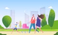 Family walking city street. Cartoon mother, father and children together in cityscape. Weekend in city vector