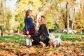 Family walking with dog in autumn park. Fashionable mother and daughter on a walk Royalty Free Stock Photo