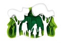 Family walking in eco green city park, vector paper cut illustration Royalty Free Stock Photo