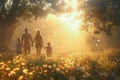 family walking in the field at sunset