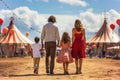 Family walking in front of a colorful circus tent