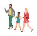 Family walking. Mom dad and child hold hands and walk in park, happy parents cartoon character relationships parenthood