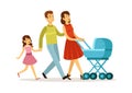 Family walking. Mother father daughter, baby in carriage. Young parents and children vector illustration