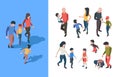 Family walking. Parents playing with kids happy family adolescent person garish vector isometric collection