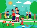 Family walking in park. Different persons in city garden, happy walk with children. Cute cartoon kids parents and old