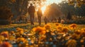 Family Walking Through Park at Sunset Royalty Free Stock Photo