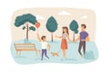 Family walking at park together scene. Parents and children, outdoor activity Royalty Free Stock Photo