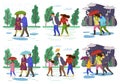 Family walking in the rain with umbrella in autumn season and in windy weather in the city park Royalty Free Stock Photo