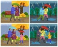 Family walking in the rain down the city street with umbrella and wearing raincoats in autumn season Royalty Free Stock Photo
