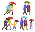 Family walking in the rain with umbrella and wearing raincoats in autumn season isolated on white Royalty Free Stock Photo
