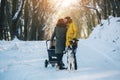 Family walking with the stroller in the winter Royalty Free Stock Photo