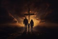 family walking towards a Christian cross. salvation concept. Royalty Free Stock Photo