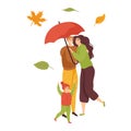 Family walking under red umbrella, autumn leaves blowing, child smiling. Cozy fall season activity, embracing love and