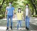 Family walking and wearing mask during coronavirus emergency